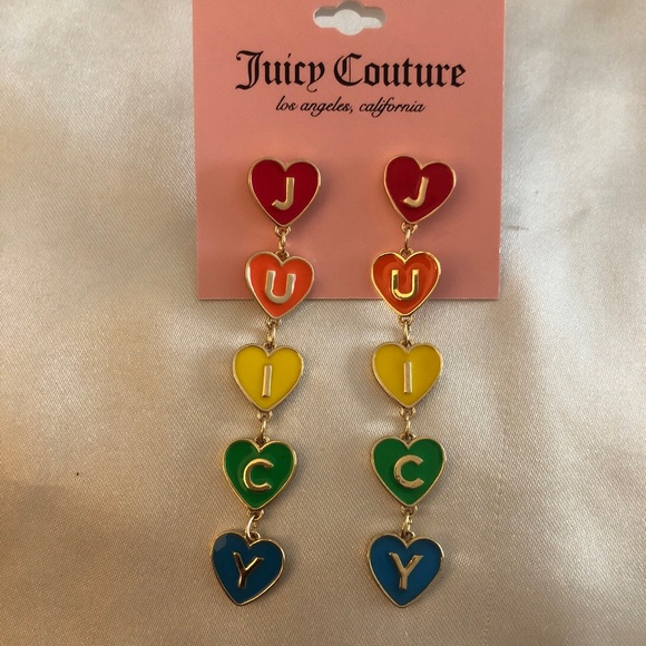 Juicy Couture Gold Tone Enamel Rainbow Stacked Juicy Hearts Drop Earrings NWT - Picture 2 of 11